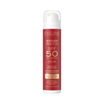 Eveline Cosmetics Wonder Match Protective Makeup Mist SPF 50 UVA UVB invisible waterproof facial sunscreen spray in a red aerosol bottle.