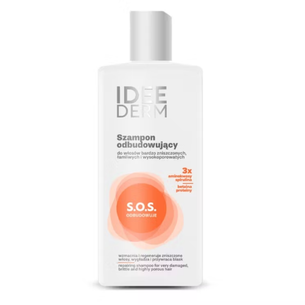 Idee Derm S.O.S Rebuilding Shampoo for very damaged and high-porosity hair with amino acids, spirulina, betaine, and proteins.