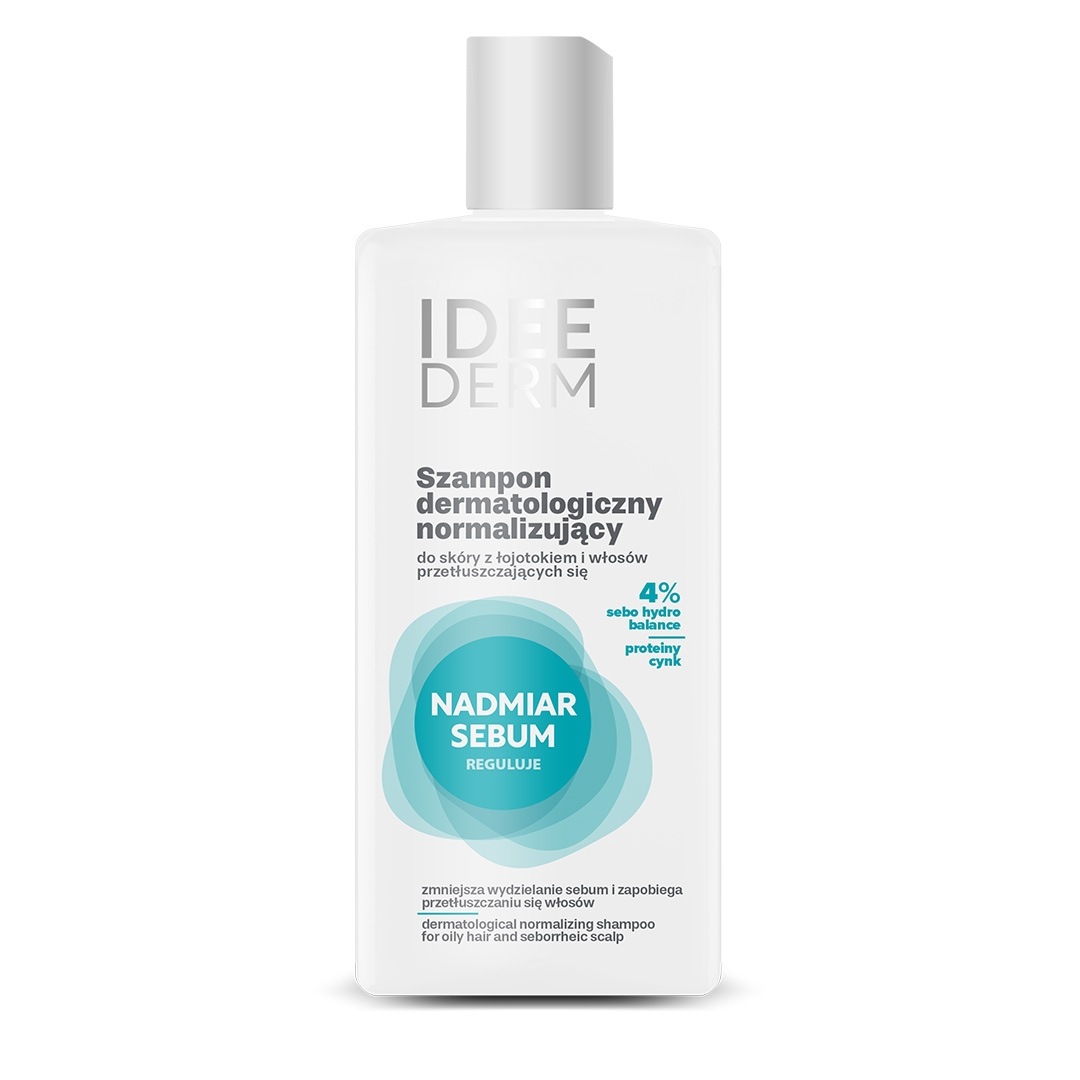 Idee Derm Dermatological Normalizing Shampoo for oily hair and seborrheic scalp with white willow bark extract, proteins, and zinc.