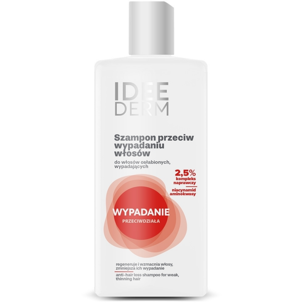 Idee Derm Anti-Hair Loss Shampoo for weak and thinning hair with niacinamide, amino acids, and a 2.5% strengthening complex.