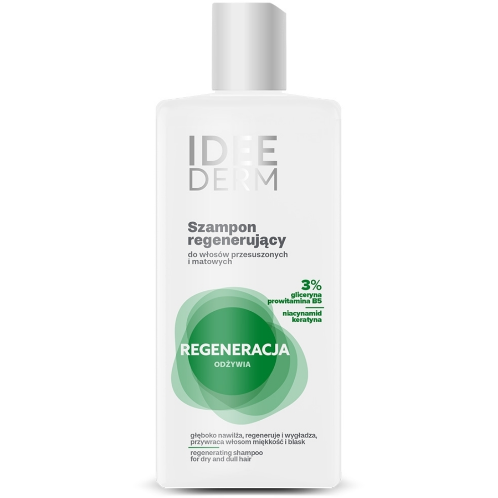 Idee Derm Regenerating Shampoo for dry and dull hair with glycerin, provitamin B5, niacinamide, and keratin.
