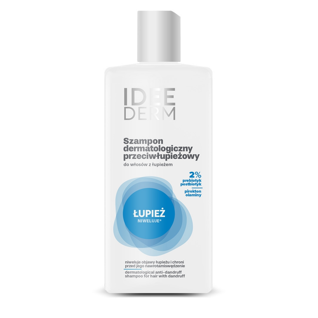 Idee Derm Dermatological Anti-Dandruff Shampoo with Piroctone Olamine and prebiotic-postbiotic complex for dandruff-prone scalp.
