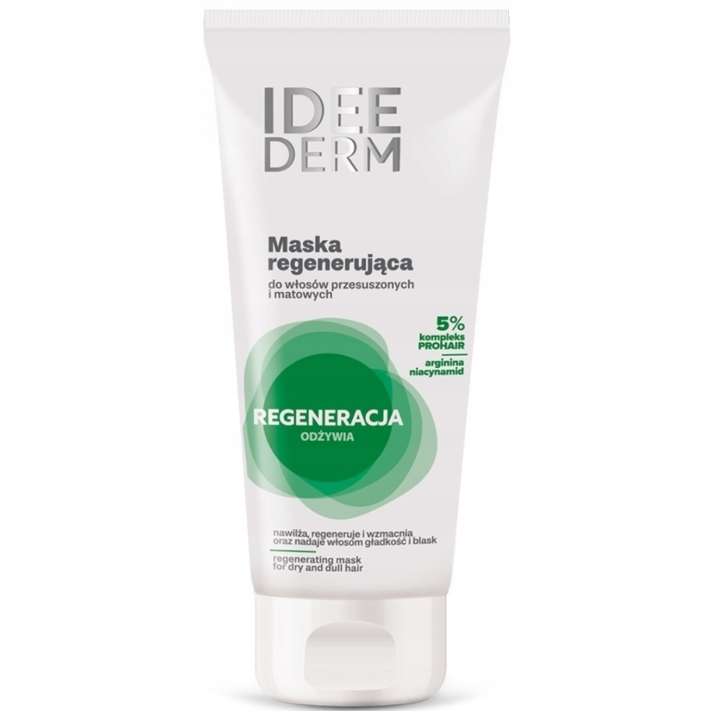 Idee Derm regenerating hair mask for dry and dull hair with 5% PROHAIR Complex, arginine, and niacinamide.