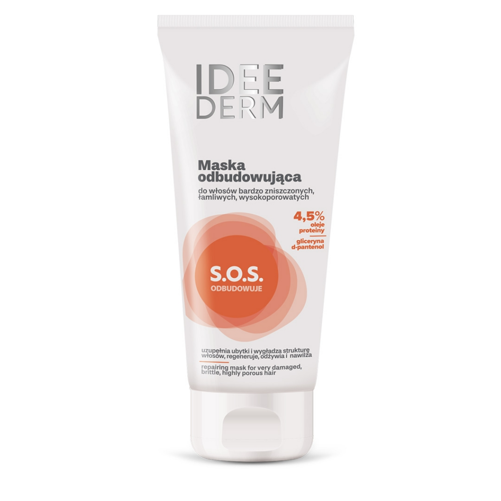 Idee Derm S.O.S. repairing hair mask for very damaged, brittle, and high-porosity hair with oils, proteins, glycerin, and D-panthenol.