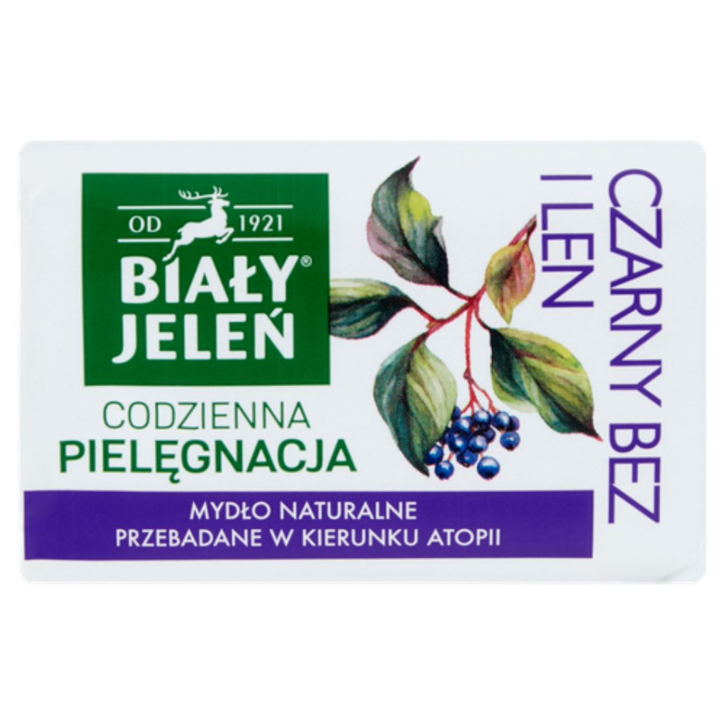 Biały Jeleń Daily Care Natural Soap Black Elderberry bar soap packaging with elderberry branch illustration.