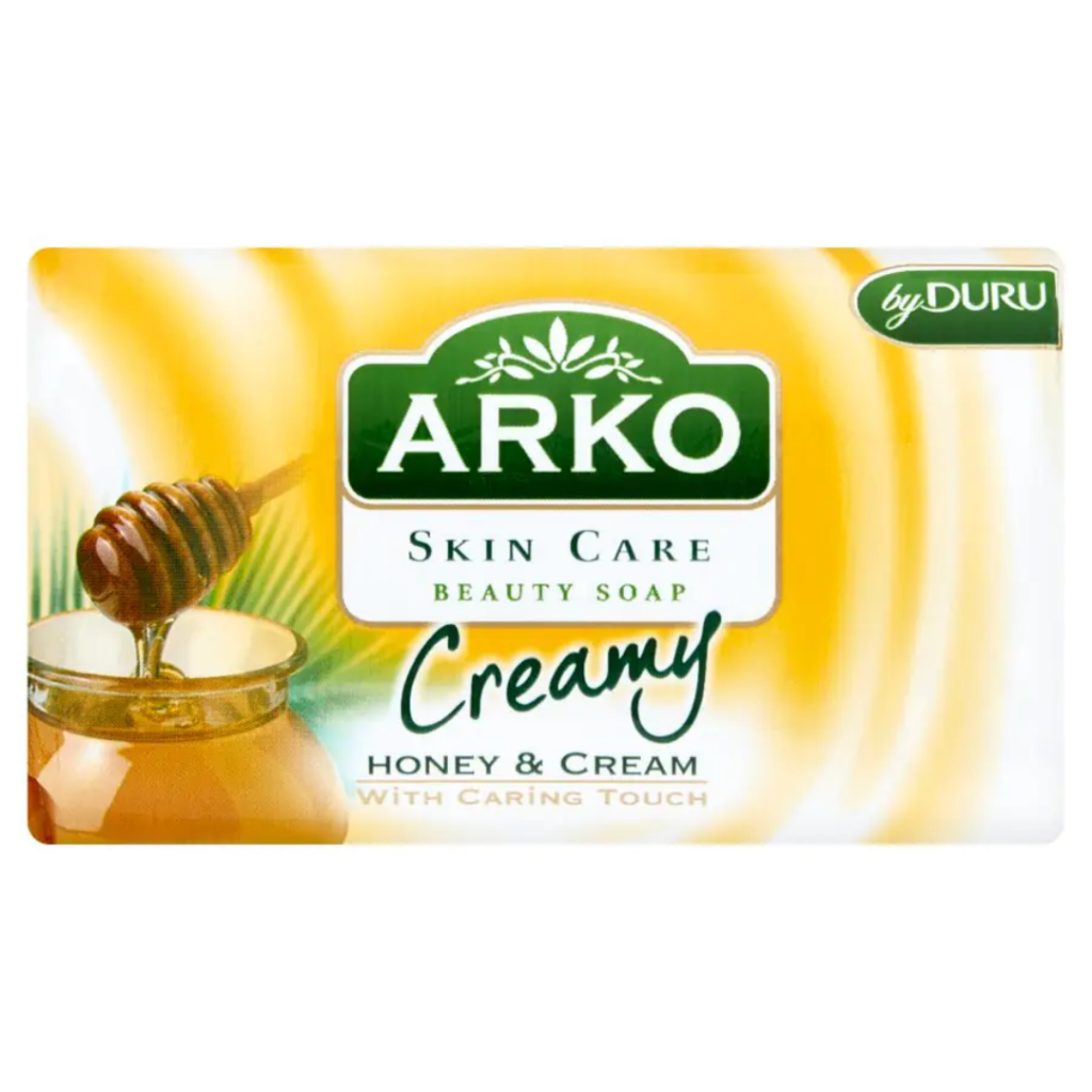 Arko Skin Care Creamy Honey and Cream beauty soap bar packaging with honey jar and honey dipper illustration.