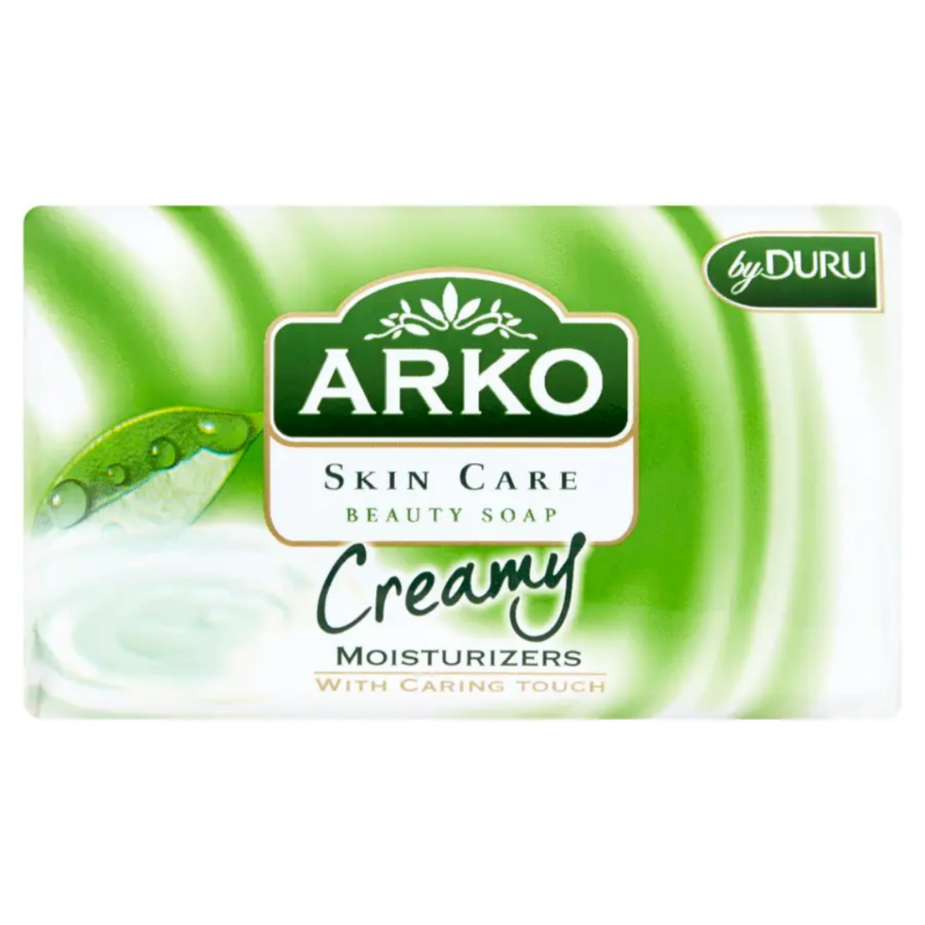 Arko Skin Care Creamy Moisturizers beauty soap bar packaging with green design and water droplet leaf illustration.