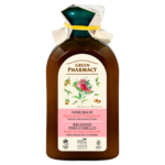 Green Pharmacy Hair Balm with argan oil and pomegranate for dry and damaged hair, 300ml amber bottle with botanical design label.