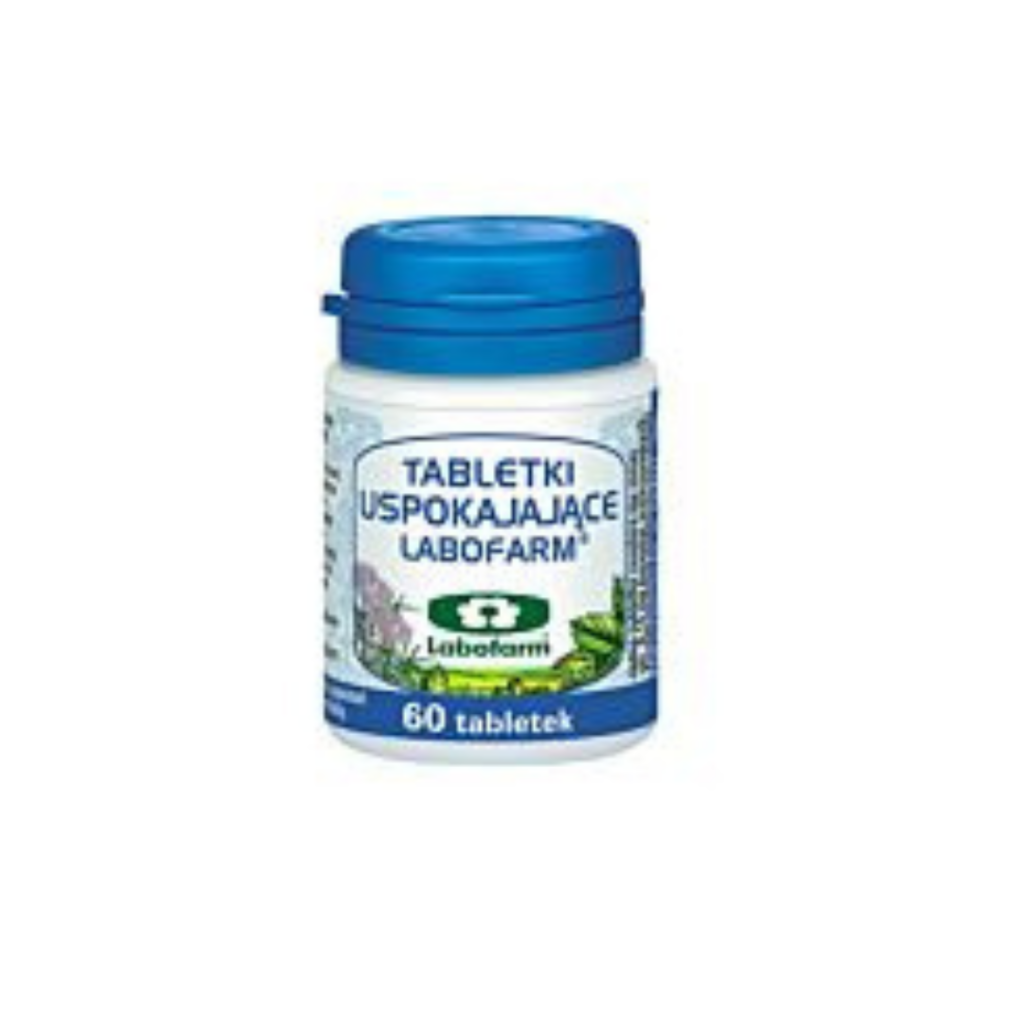 Bottle of Labofarm Calming Tablets (Tabletki Uspokajające Labofarm) containing 60 herbal tablets for relaxation and stress support.