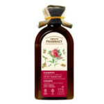Green Pharmacy Shampoo with rose oil and silk proteins for colored and damaged hair in a 350ml amber bottle with floral label.