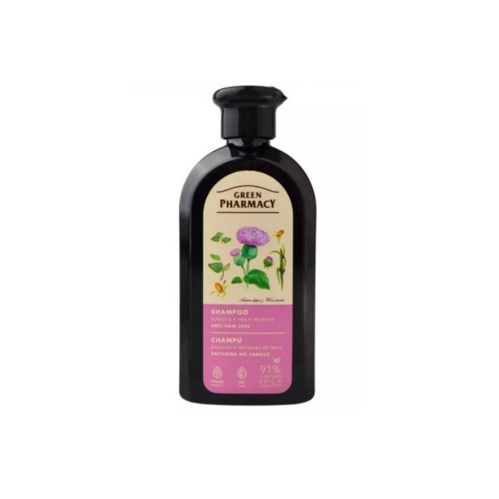 Green Pharmacy Anti-Hair Loss Shampoo with burdock extract and wheat proteins in a 350ml black bottle with pink botanical label.