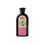 Green Pharmacy Anti-Hair Loss Shampoo with burdock extract and wheat proteins in a 350ml black bottle with pink botanical label.
