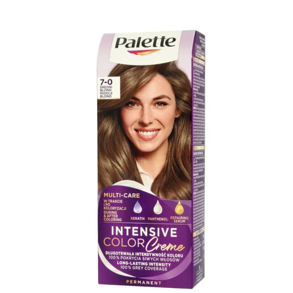 Palette Intensive Color Creme permanent hair dye shade 7-0 Medium Blonde with Multi-Care formula and 100% grey coverage.