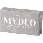 Koszyczek Natury olive oil soap with silver bar soap packaging featuring elegant silver-grey design and olive branch illustration.