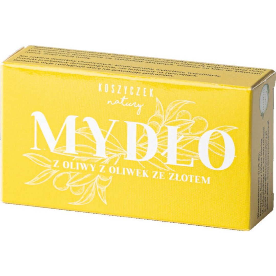 Koszyczek Natury olive oil soap with gold bar soap packaging featuring a bright gold-yellow design and olive branch illustration.