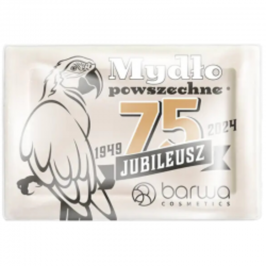 Barwa Mydło Powszechne 75th Anniversary soap packaging featuring a bird illustration and commemorative 75-year anniversary design.