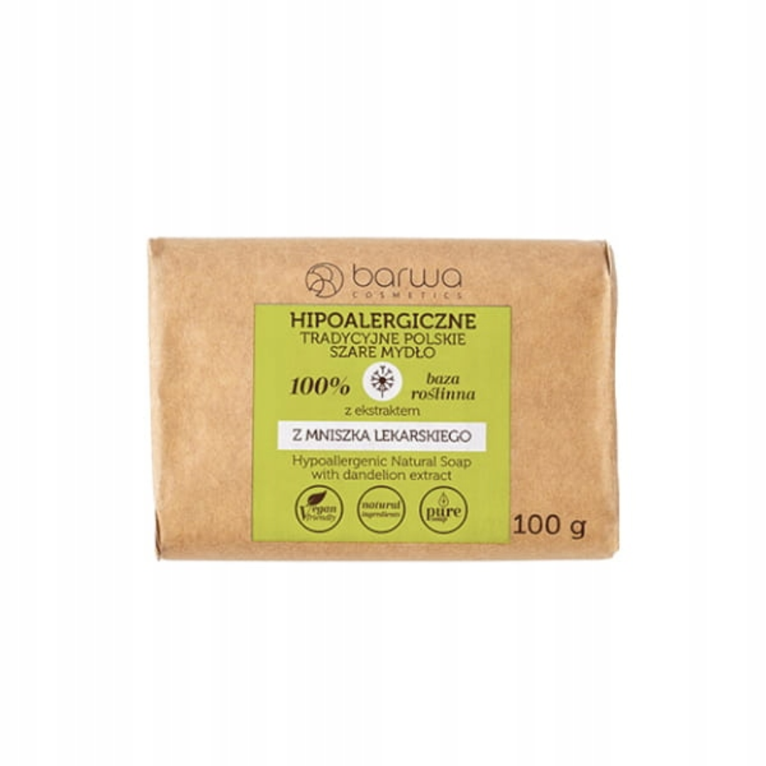 Barwa Hypoallergenic Traditional Polish Grey Soap with Dandelion Extract 100g in eco-style kraft paper packaging.