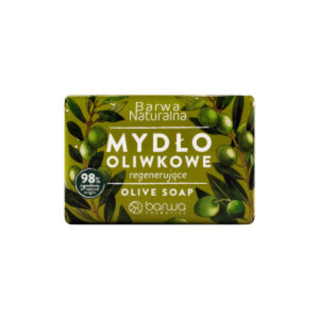 Barwa Natural Olive Regenerating Soap packaging with olive branch design and green natural-themed artwork.