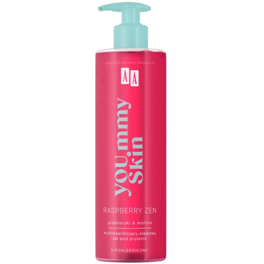 AA You.mmy Skin Raspberry Zen multi-moisturising oil shower gel in a pink 400ml pump bottle.