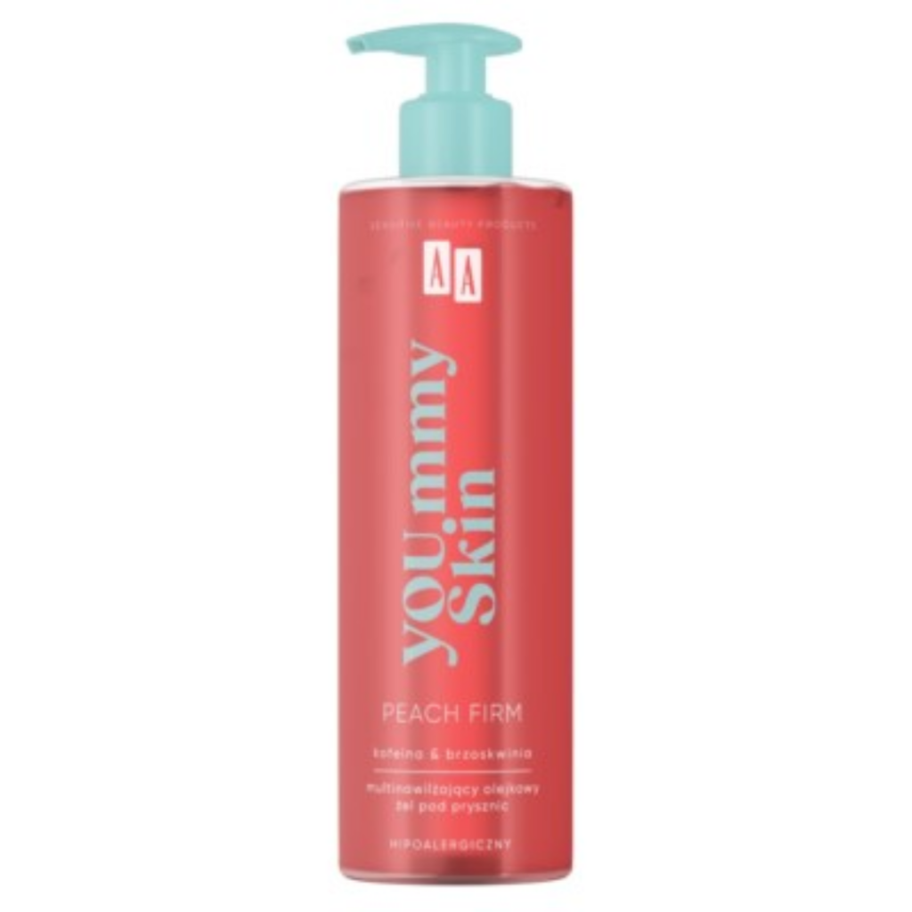 AA You.mmy Skin Peach Firm multi-moisturising oil shower gel in a peach-pink 400ml pump bottle.