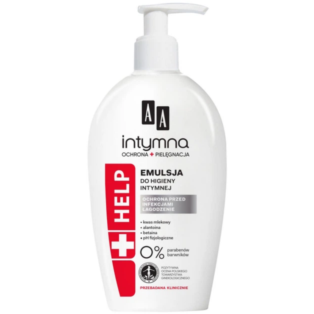 AA Intymna HELP intimate hygiene wash emulsion in a white pump bottle with red and grey label.