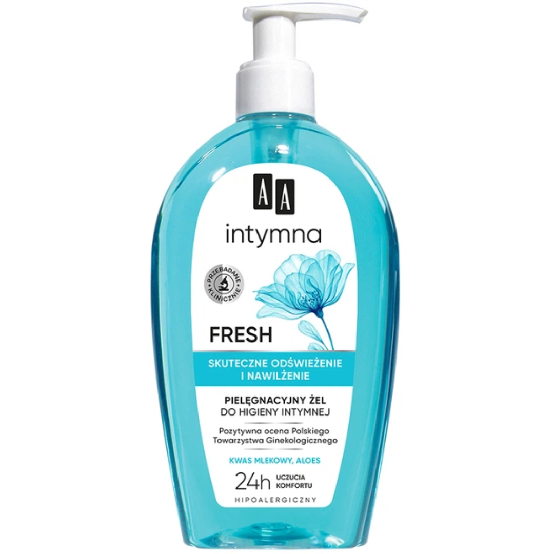 AA Intymna Fresh intimate hygiene gel in a blue pump bottle with lactic acid and aloe vera, hypoallergenic formula for daily intimate care and 24-hour comfort.