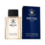 Brutal Grand After Shave Lotion in a clear glass bottle with black cap, displayed next to a dark blue branded box.