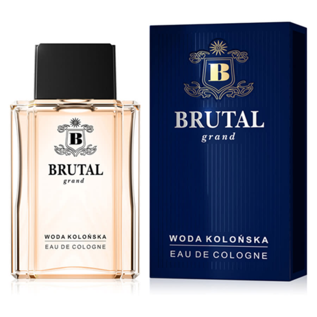 Brutal Grand Eau de Cologne in a clear glass bottle with a black cap, displayed beside a dark blue branded fragrance box.