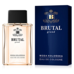 Brutal Grand Eau de Cologne in a clear glass bottle with a black cap, displayed beside a dark blue branded fragrance box.