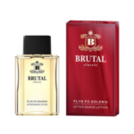 Brutal Classic After Shave Lotion in a clear glass bottle with a black cap, displayed next to a red branded box.