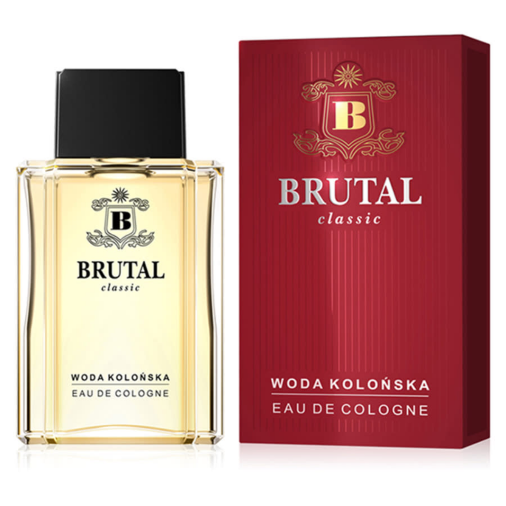 Brutal Classic Eau de Cologne in a clear glass bottle with a black cap, displayed beside a red branded fragrance box.