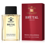 Brutal Classic Eau de Cologne in a clear glass bottle with a black cap, displayed beside a red branded fragrance box.