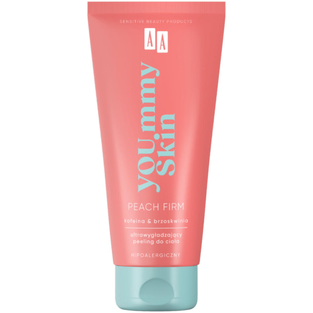 AA Yummy Skin Peach Firm ultra-smoothing body scrub in a pink tube with blue cap, featuring caffeine and peach extract for exfoliating body care.