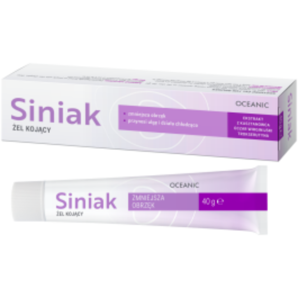 Oceanic Siniak bruise relief gel 40g in a white and purple tube with matching retail box packaging.