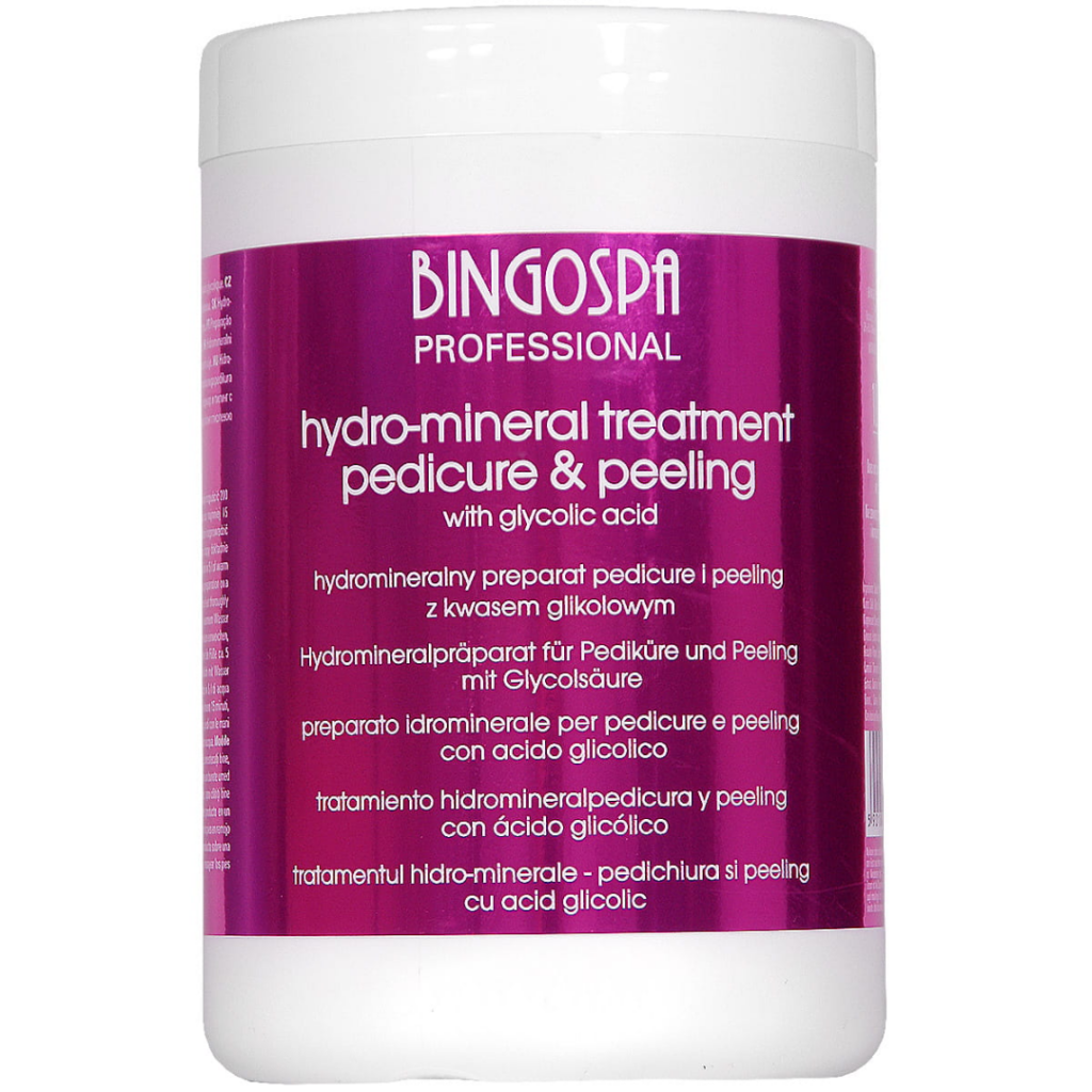 BingoSpa Professional Hydro-Mineral Pedicure and Peeling treatment with glycolic acid in a large white container with a metallic purple label.