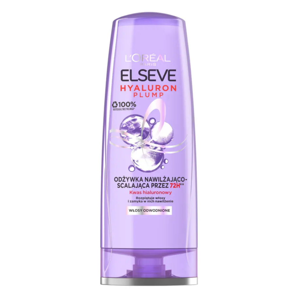 L'Oréal Paris Elseve Hyaluron Plump moisturizing conditioner in a purple bottle with hyaluronic acid for dehydrated hair and up to 72 hours of hydration.