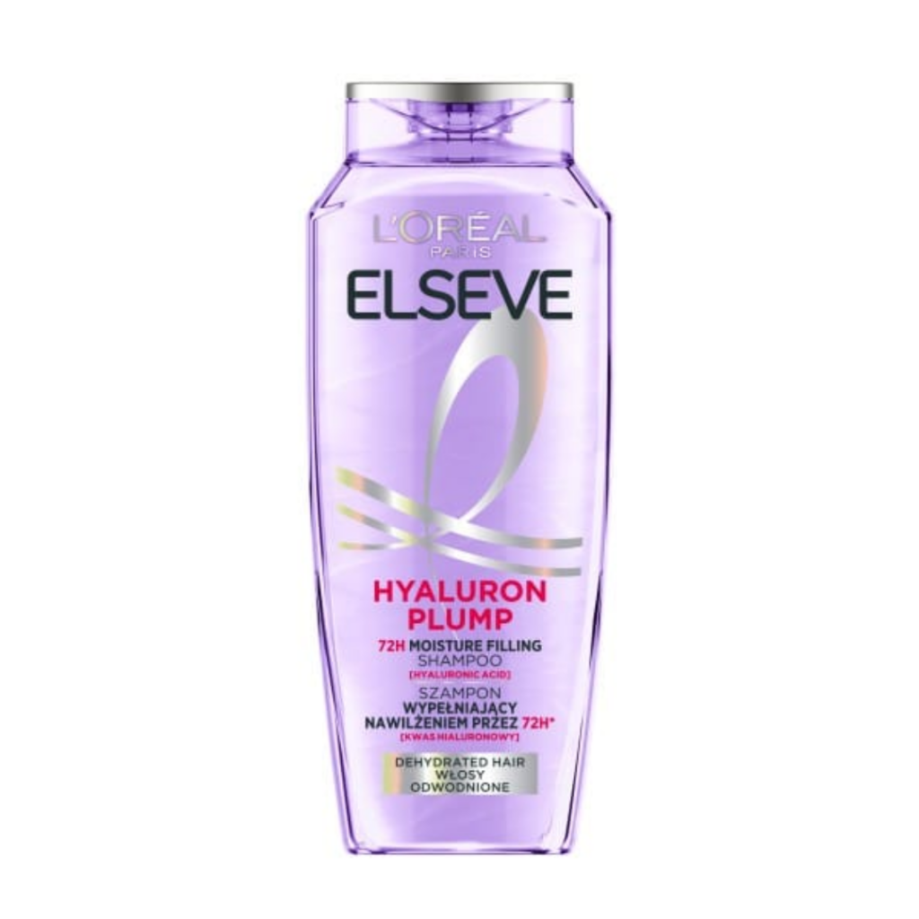 L'Oréal Paris Elseve Hyaluron Plump shampoo in a purple bottle with hyaluronic acid for dehydrated hair and up to 72 hours of moisture.