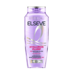 L'Oréal Paris Elseve Hyaluron Plump shampoo in a purple bottle with hyaluronic acid for dehydrated hair and up to 72 hours of moisture.