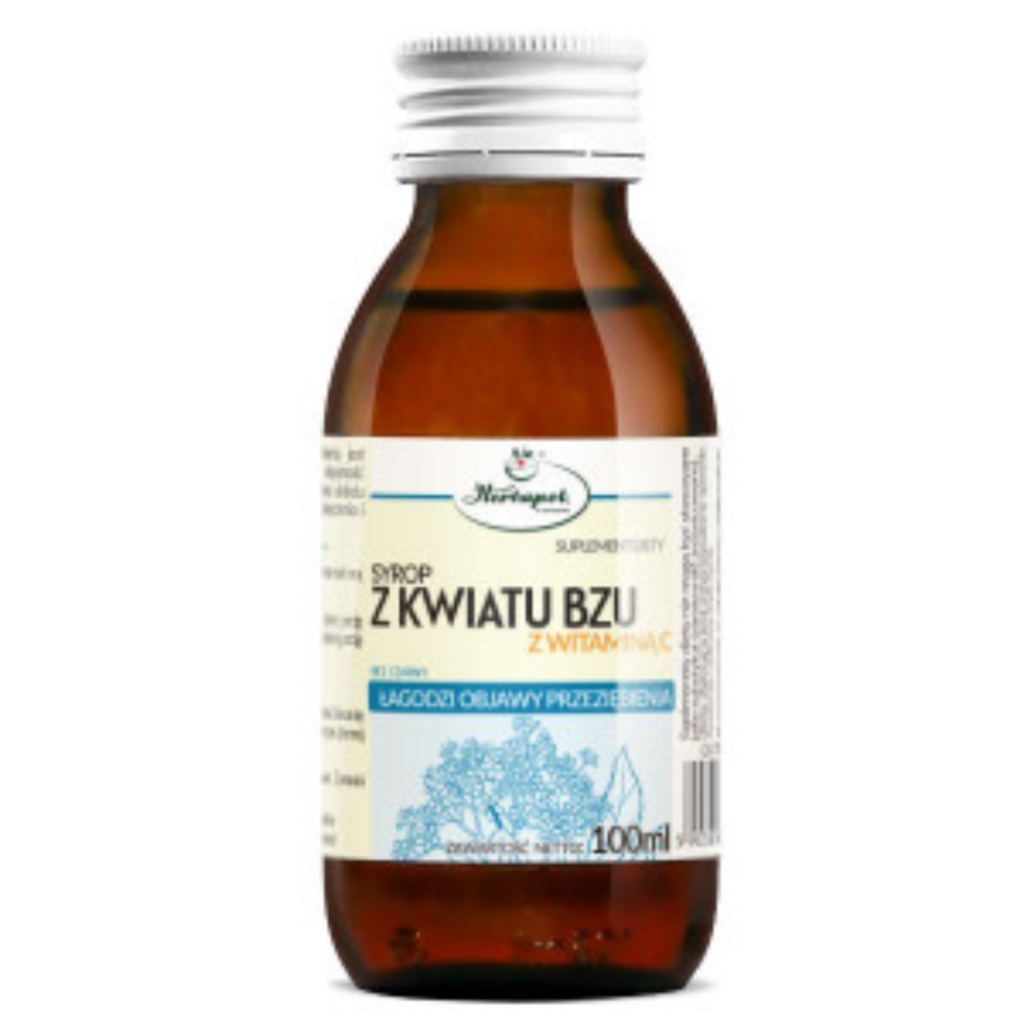 Herbapol Elderflower Syrup with Vitamin C in a 100 ml amber glass bottle dietary supplement.
