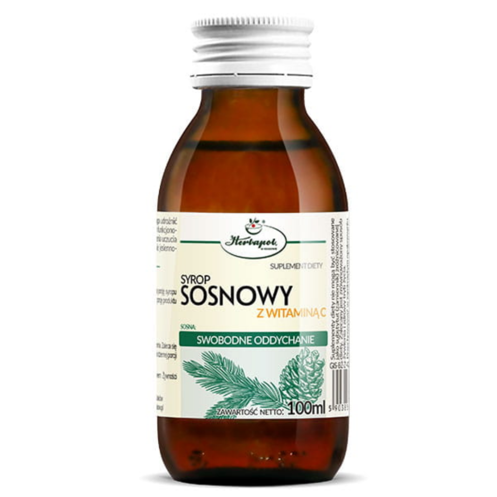 Herbapol Pine Syrup with Vitamin C dietary supplement in a 100 ml amber glass bottle for immune support and respiratory comfort.