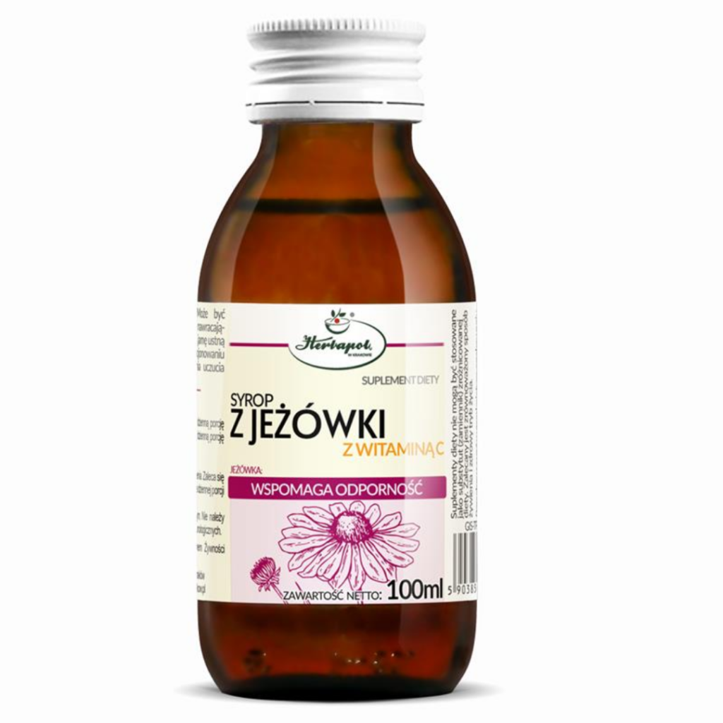 Herbapol Echinacea Syrup with Vitamin C dietary supplement in a 100 ml amber glass bottle for immune support.