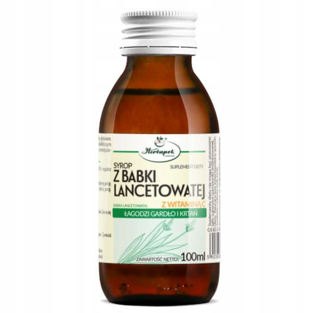 Herbapol Plantain Syrup with Vitamin C dietary supplement in a 100 ml amber glass bottle for throat comfort and immune support.