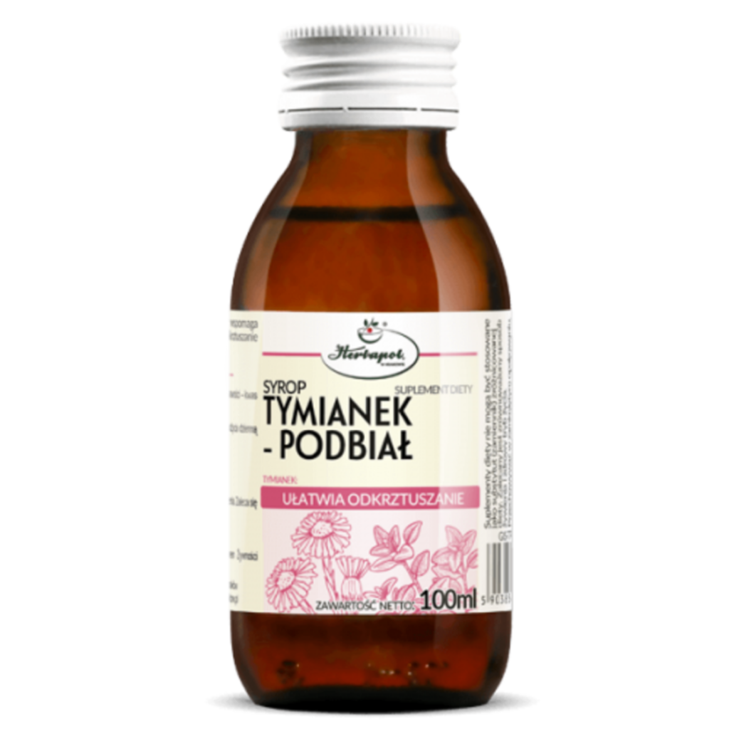 Herbapol Thyme and Coltsfoot Syrup dietary supplement in a 100 ml amber glass bottle for respiratory support and expectoration.