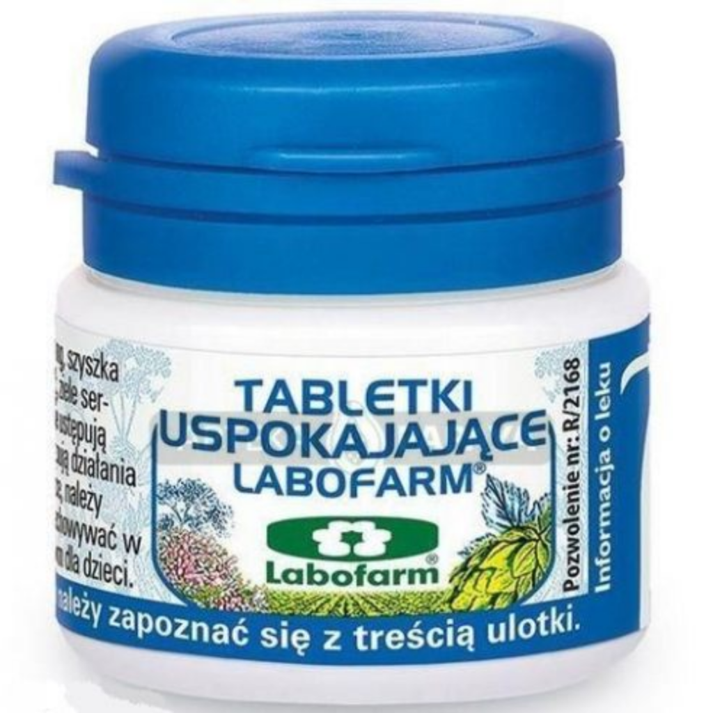 Labofarm Uspokajające Tabletki herbal calming tablets in a white container with a blue lid.