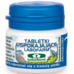 Labofarm Uspokajające Tabletki herbal calming tablets in a white container with a blue lid.