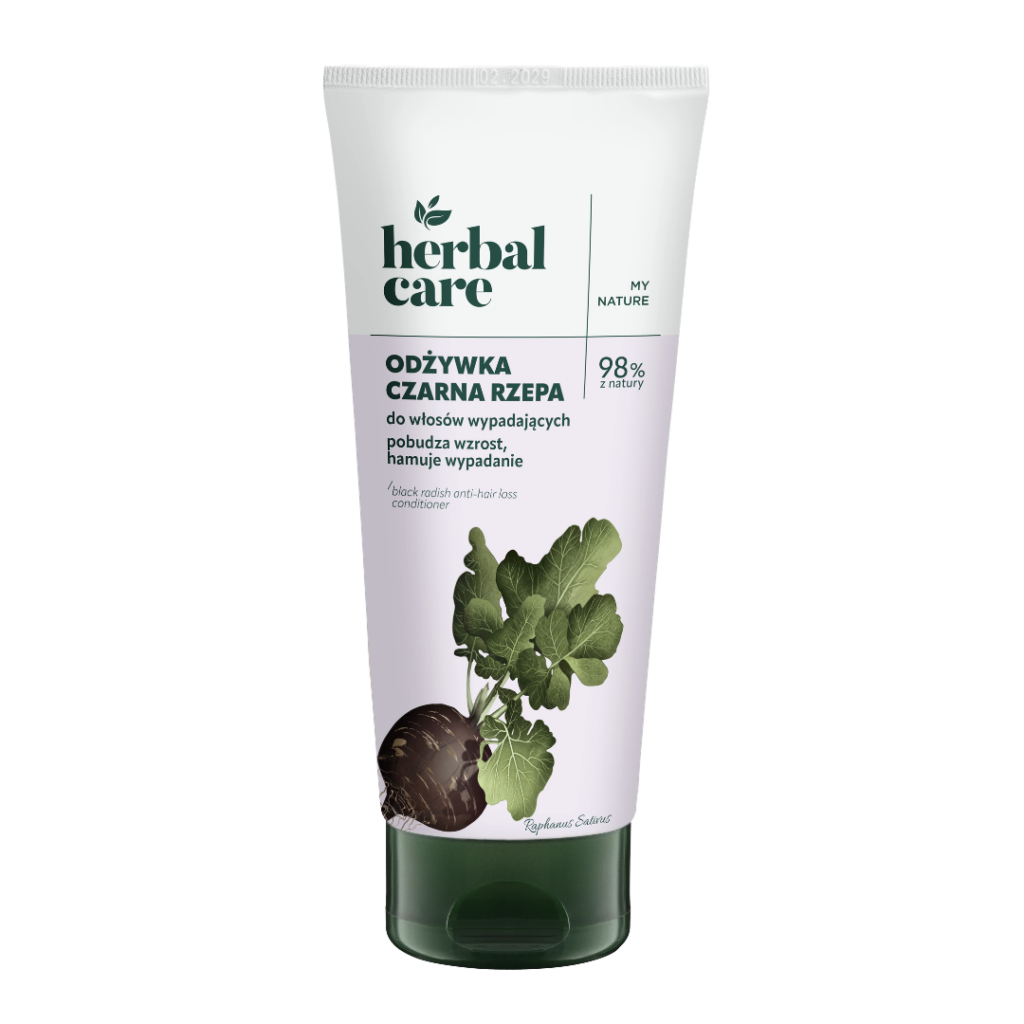 Herbal Care Black Radish Anti-Hair Loss Conditioner tube with black radish extract for strengthening weakened and thinning hair.