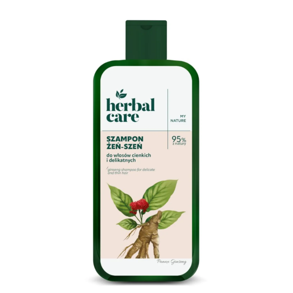 Herbal Care Ginseng Shampoo for delicate and thin hair in a green bottle with Panax Ginseng extract.