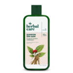 Herbal Care Ginseng Shampoo for delicate and thin hair in a green bottle with Panax Ginseng extract.
