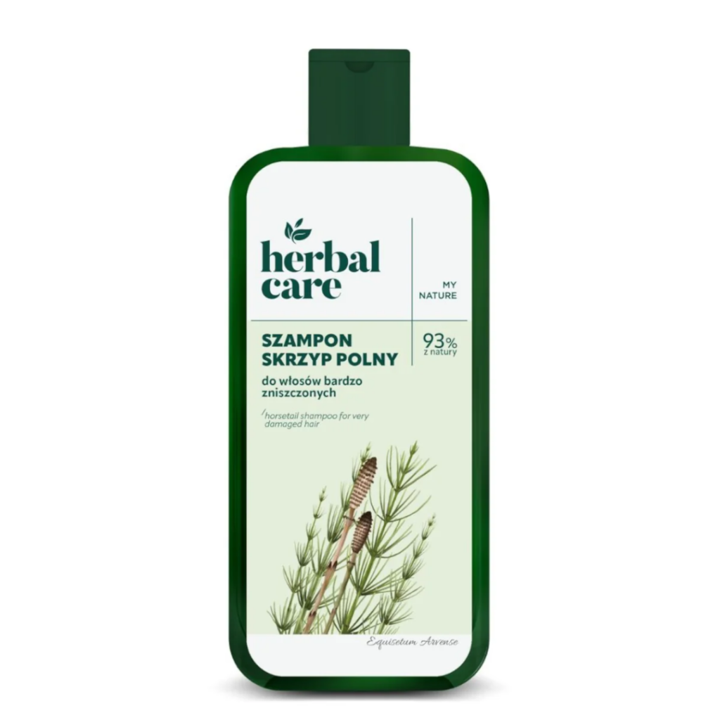Herbal Care Horsetail Shampoo for very damaged hair in a green bottle with horsetail extract and 93% natural origin ingredients.