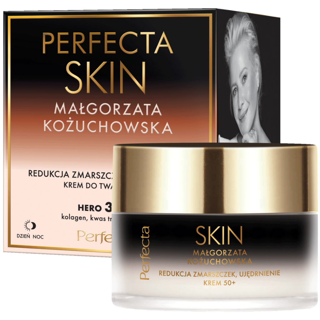Perfecta Skin Hero 3 Anti-Wrinkle and Firming Face Cream 50+ with collagen and hyaluronic acid in a cosmetic jar and retail box.